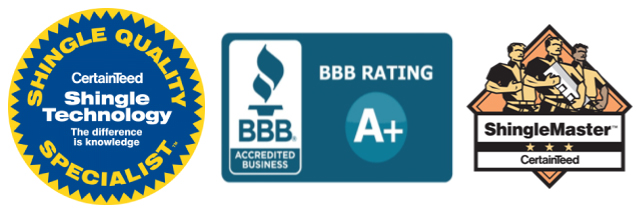 Logos of BBB, CertainTeed Shingle Master/Quality Specialist